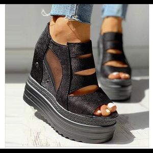 Platform black peep toe booties